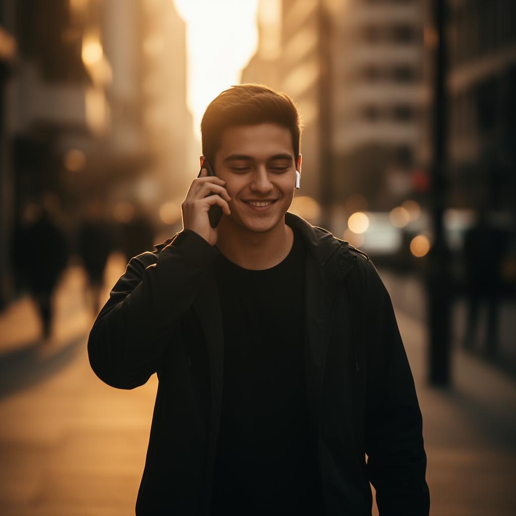 Young man walking outside at golden hour, smiling while on a phone call with earbuds